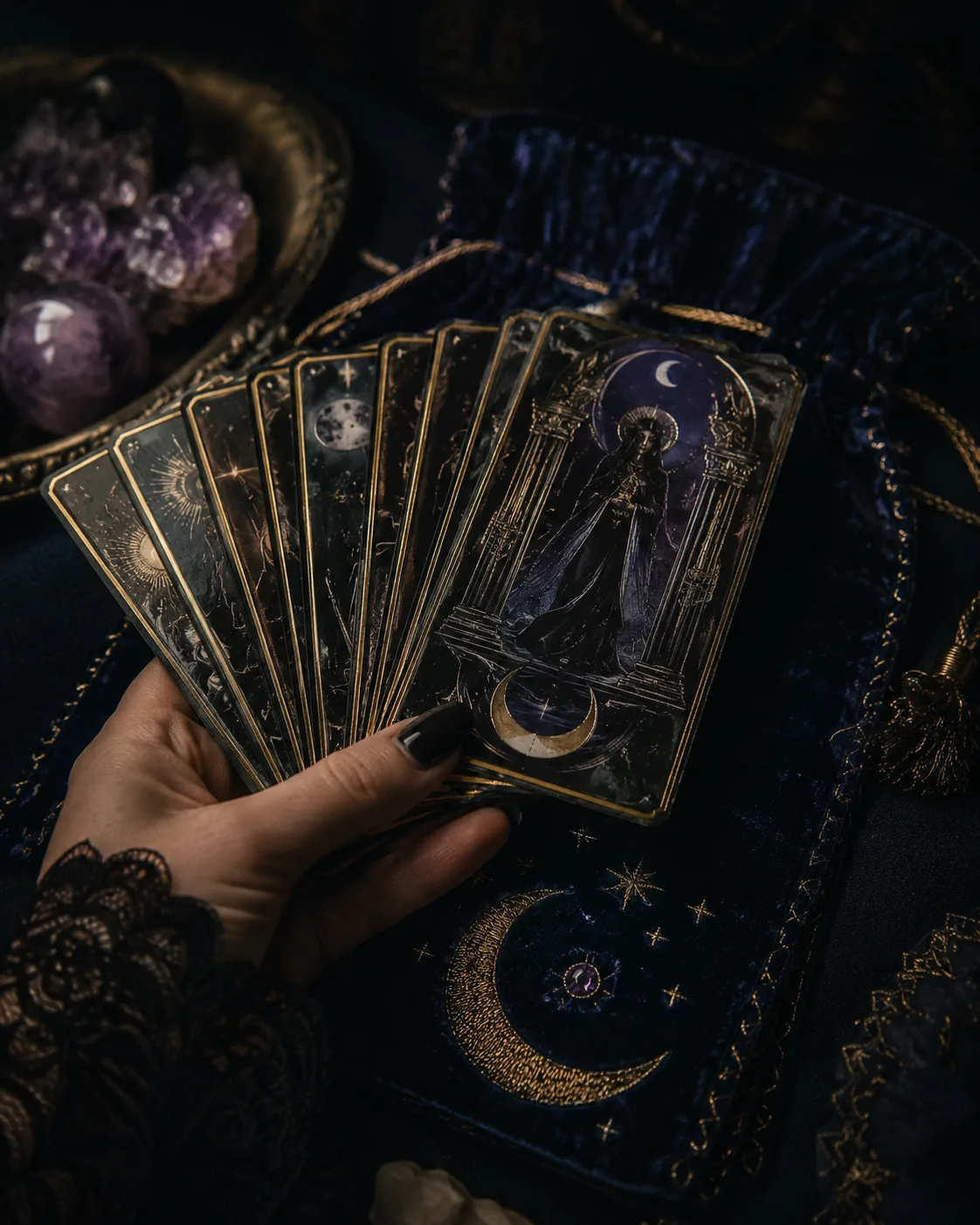 Arcana tarot deck with hand-stitched velvet pouch