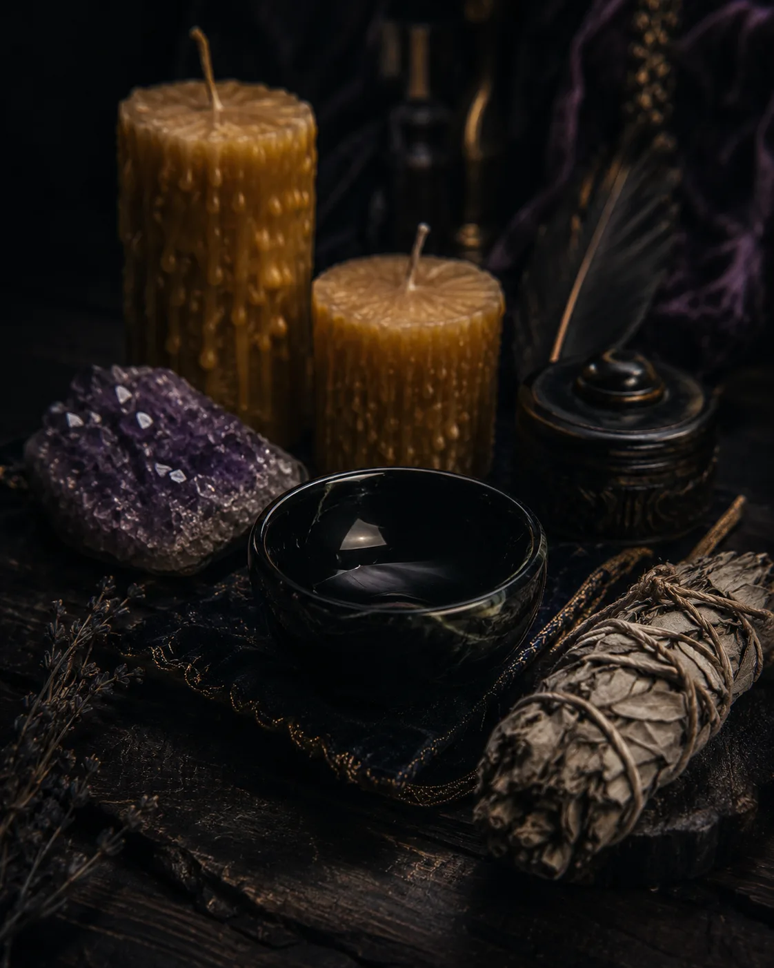 Ancestor altar kit with beeswax candles and obsidian bowl