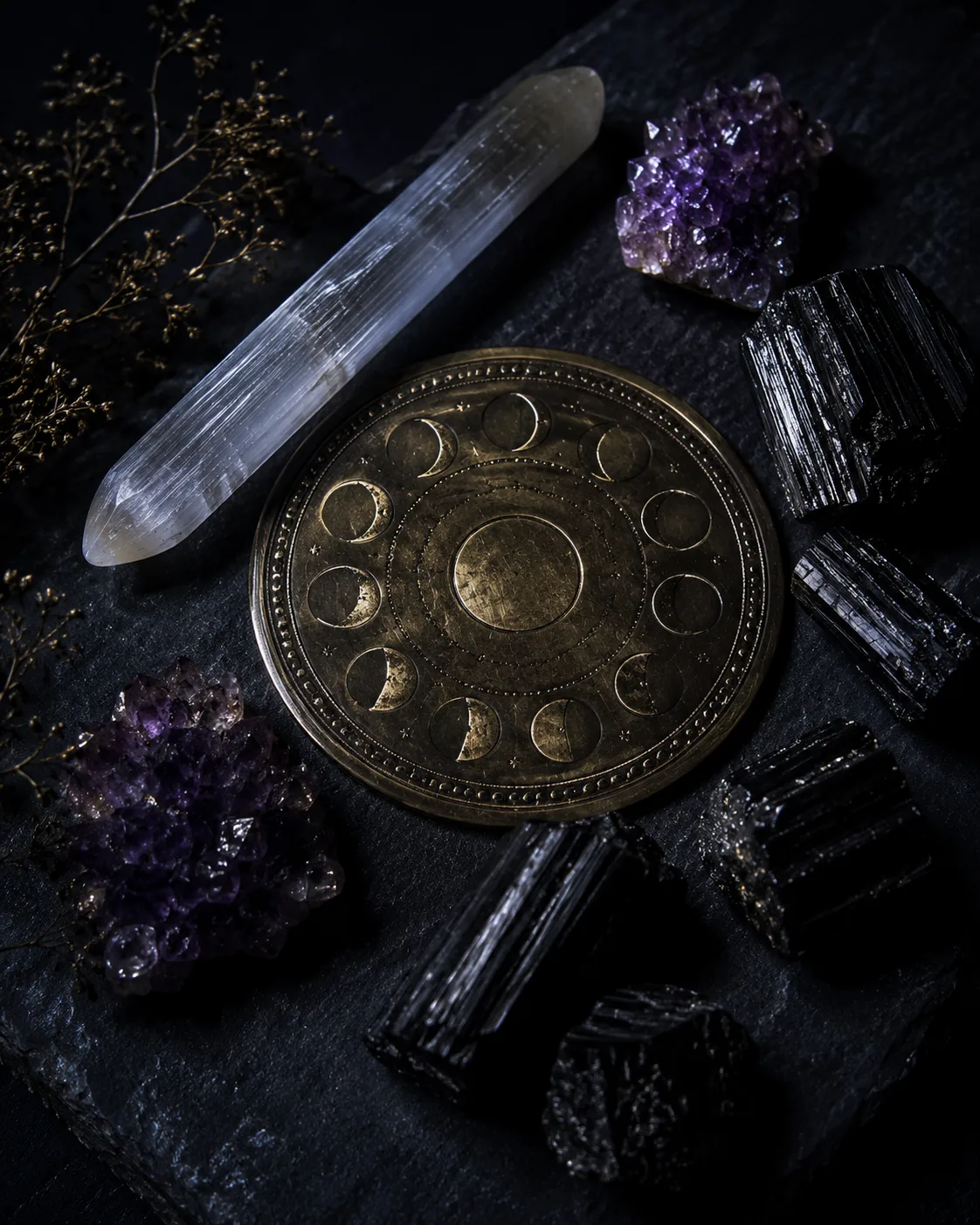 Lunar crystal cleansing kit with selenite and tourmaline