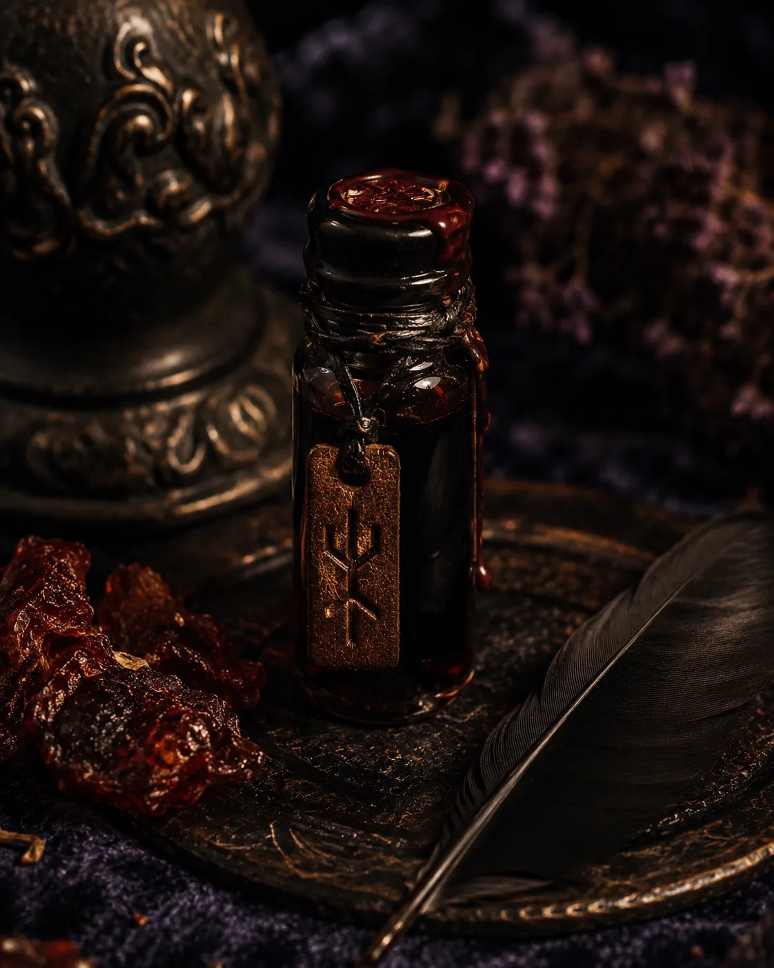 Dragon's blood ritual oil with protective rune inscription