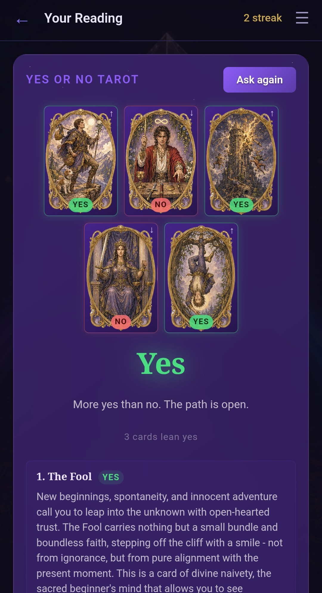 Tarot bot screen